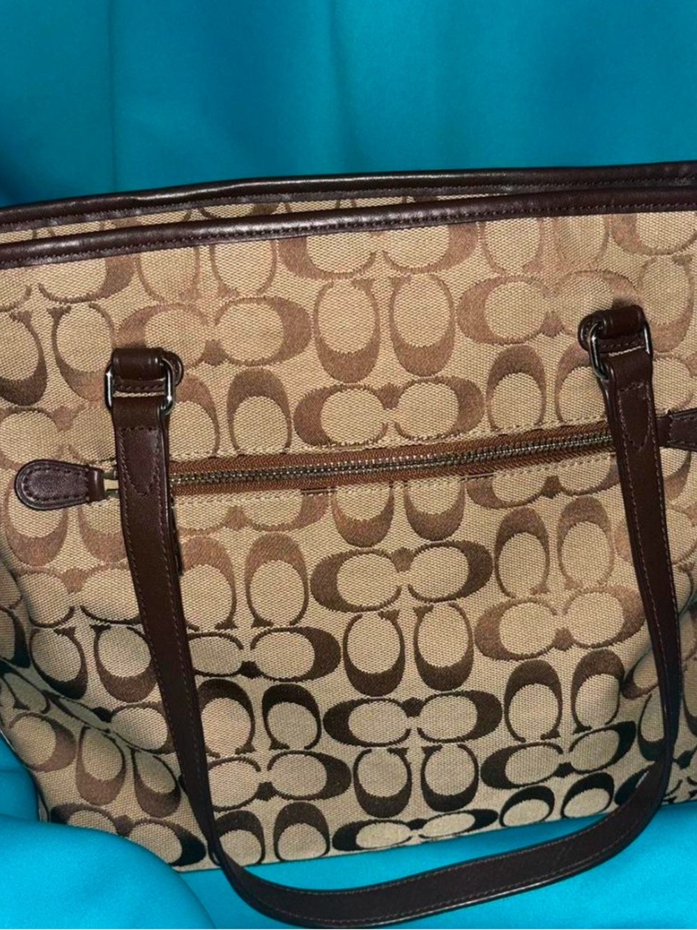 Coach Brown Signature Canvas Tote with Dark Brown Leather Trim